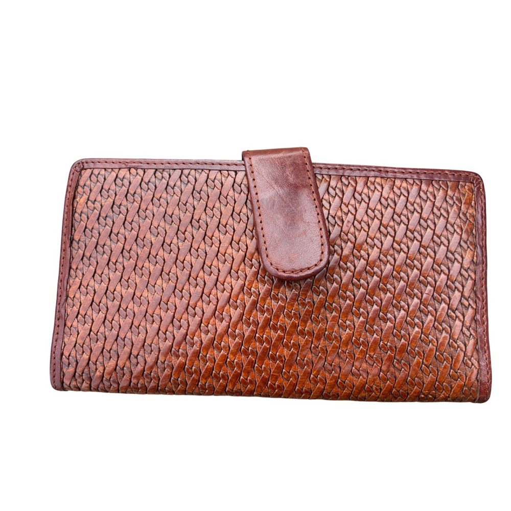 Fossil Brown Leather Woven Bifold Clutch Wallet Vintage Snap Tab Organizer